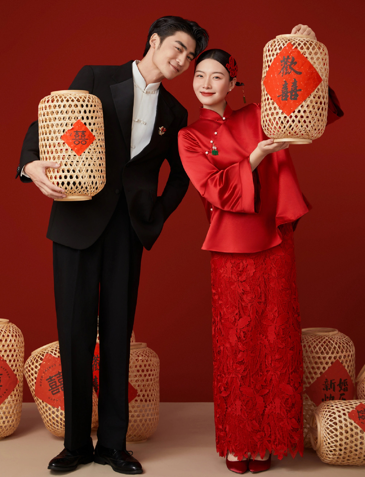 中式喜嫁秀禾古风婚纱摄影道具影楼拍照结婚装饰摆挂件竹编灯笼