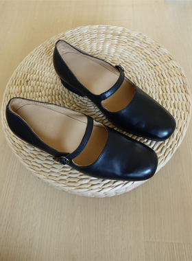 手工女鞋 现货 复古圆头 马皮水洗做旧玛丽珍单鞋 4.5cm粗跟