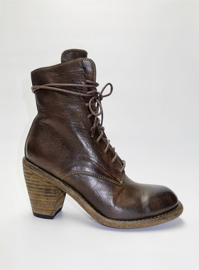 Handmade by ling固特异马皮系带高跟短靴  复古做旧马丁靴