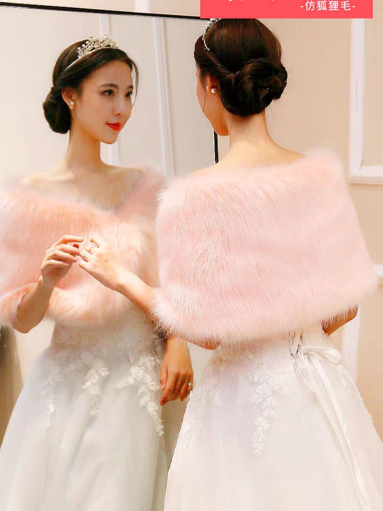 仿狐狸毛貂毛婚纱礼服旗袍小披肩新娘结婚披风人造皮草外套短秋冬
