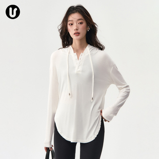 健身长袖 瑜伽服上衣女跑步连帽运动罩衫 宽松速干普拉提训练服套装