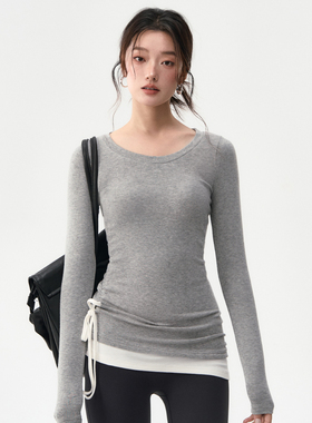 秋冬瑜伽服上衣女圆领修身灰色运动长袖跑步普拉提训练服健身套装