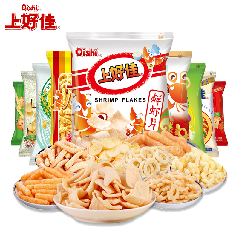 上好佳40g*4袋鲜虾片芝士薯条洋葱圈玉米卷田园泡解馋休闲小零食