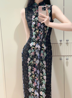 黑色烧花复古风花色旗袍女夏季新中式短袖长裙修身收腰日常连衣裙