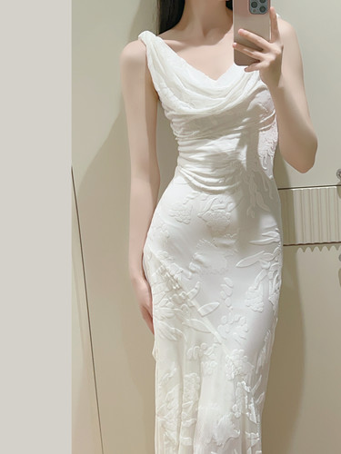 「花影迷离」vintage古着烧花绒复古荡领丝绒订婚维纳斯长裙礼服