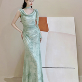 「青鸢」天青色复古收腰显瘦荡领鱼尾连衣裙女夏季