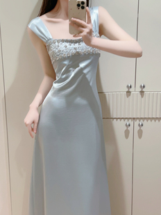 法式重工钉钻醋酸吊带连衣裙收腰显瘦流光缎面礼服裙