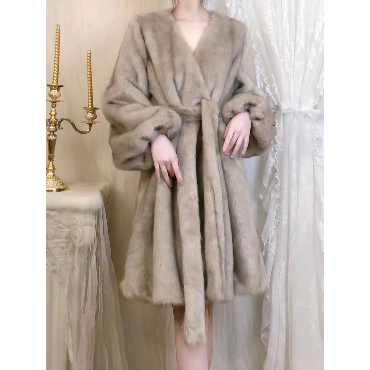 如鹧 雪银灰环保皮草外套