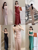 铜氨丝系列～ 多色全身斜裁3倍耗料线条感吊带长裙