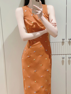 显瘦优雅无袖 复古修身 长裙 新中式 「橙C」刺绣日常旗袍女新款