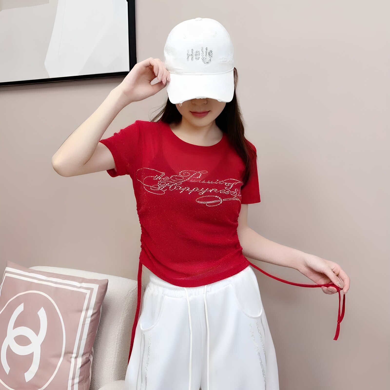 夏季网红休闲辣妹跳舞风短袖T恤女烫钻字母微透轻薄款减龄上衣潮
