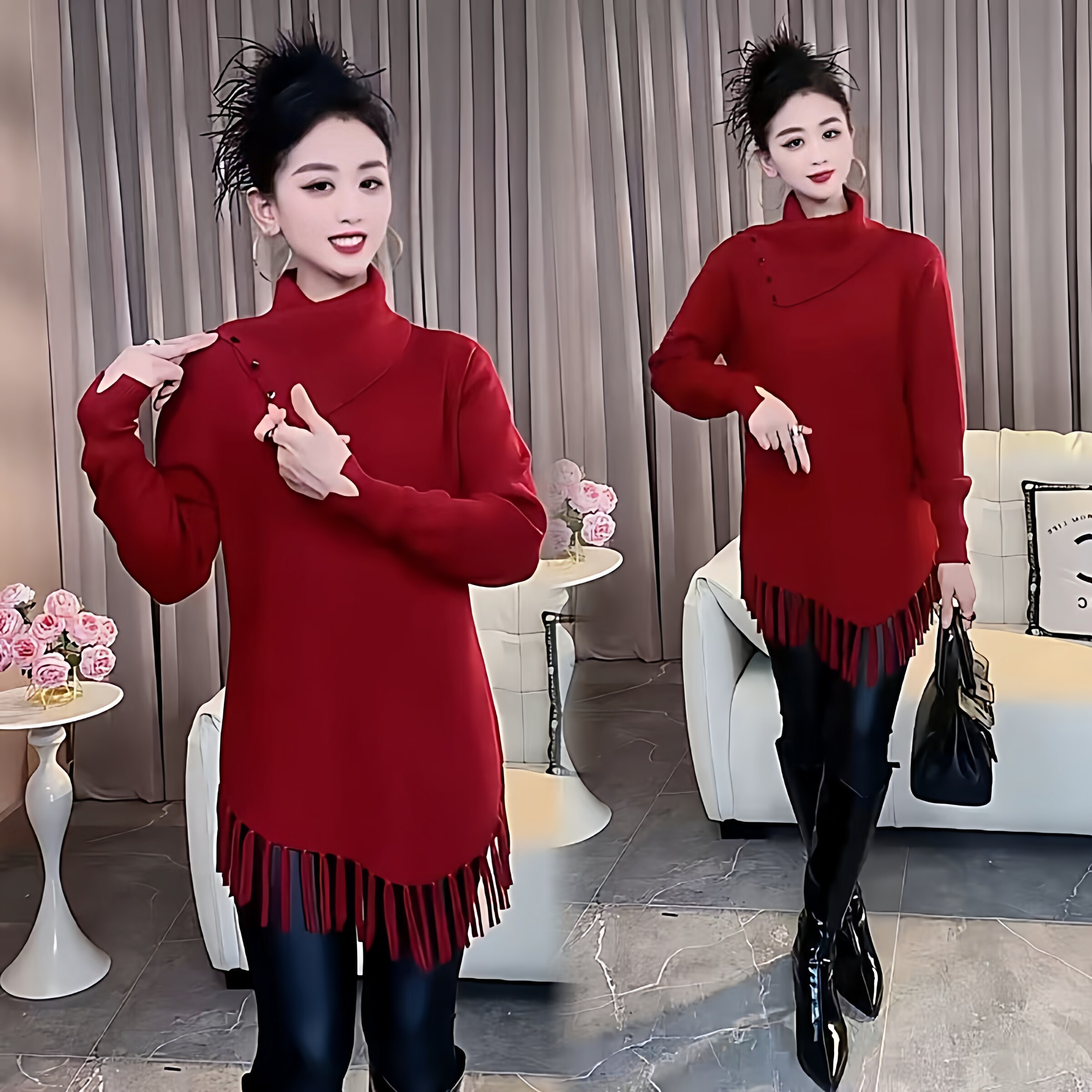 2026新款春秋女中长款设计感流苏打底毛衣慵懒风针织衫大码妈妈装