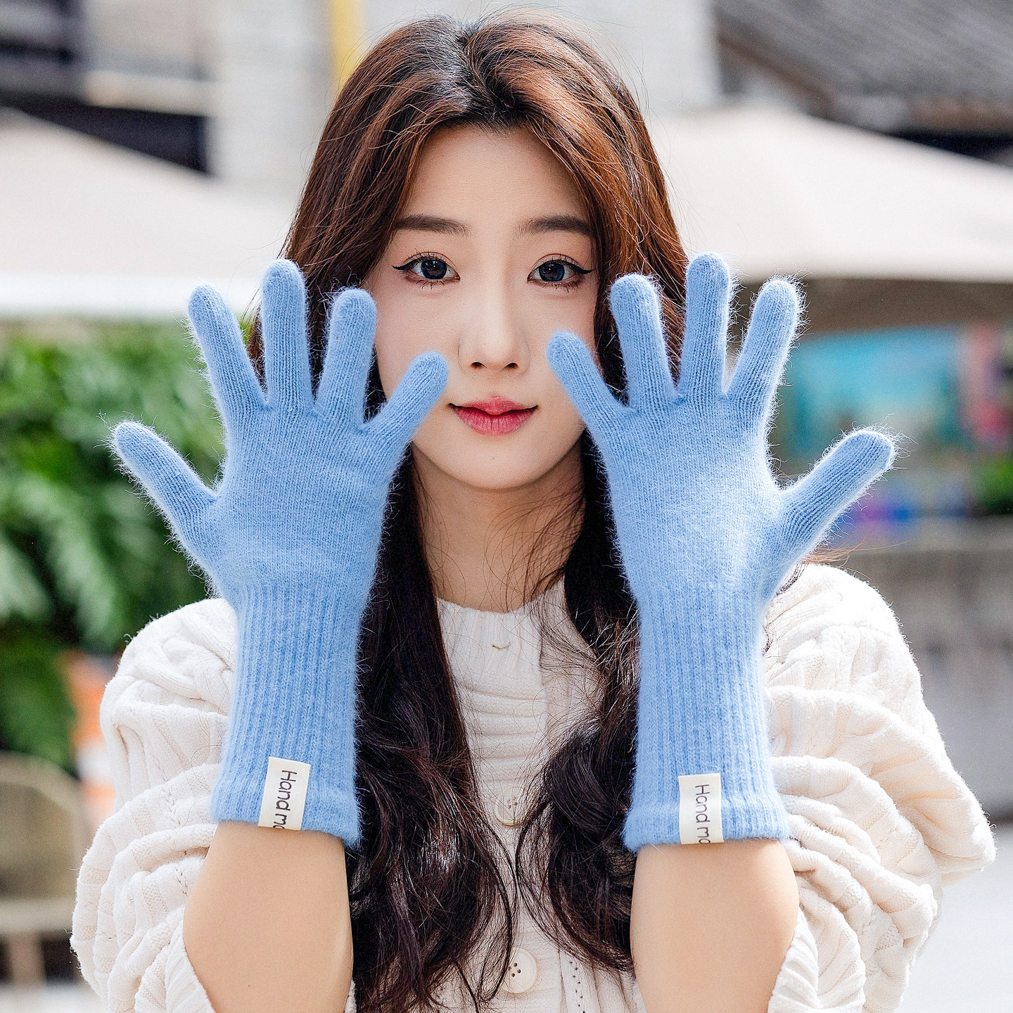 加长款兔毛蓝色针织毛线手套女2025年冬季韩版加厚保暖骑行可触屏
