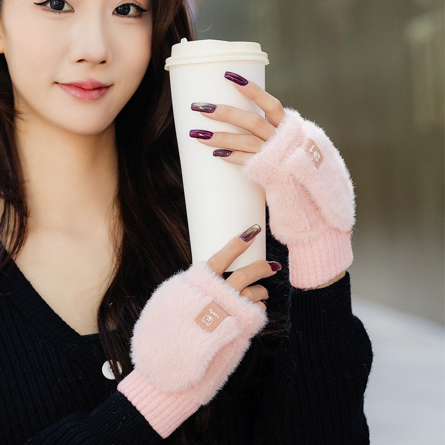 冬季露指半指翻盖手套女可爱白色保暖学生加厚针织写字触屏手套男