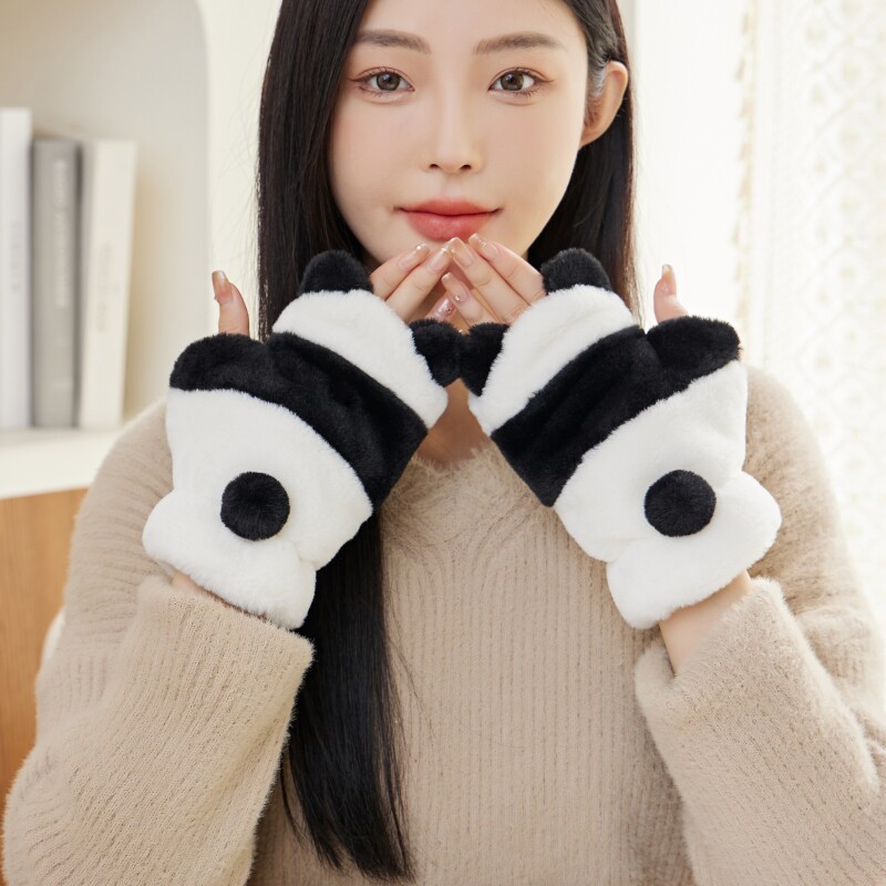 手套女冬天可爱毛绒加厚学生半指露指韩版秋冬季加绒保暖骑车防冻