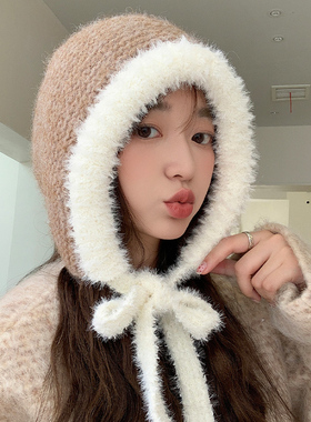 美拉德针织护耳毛绒帽子女冬季保暖雷锋帽韩版百搭显脸小包包帽子