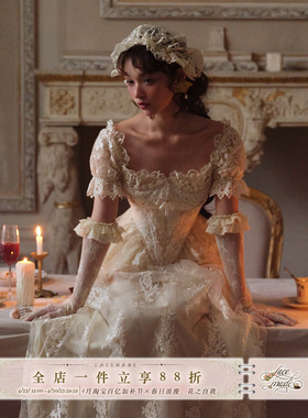 LaceMade 花烛泪 法式复古宫廷重工收藏蕾丝鱼骨连衣裙轻婚纱礼服