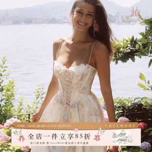 LaceMade 爱情花笺 法式复古宫廷风缎面吊带长裙大裙摆重工礼服裙