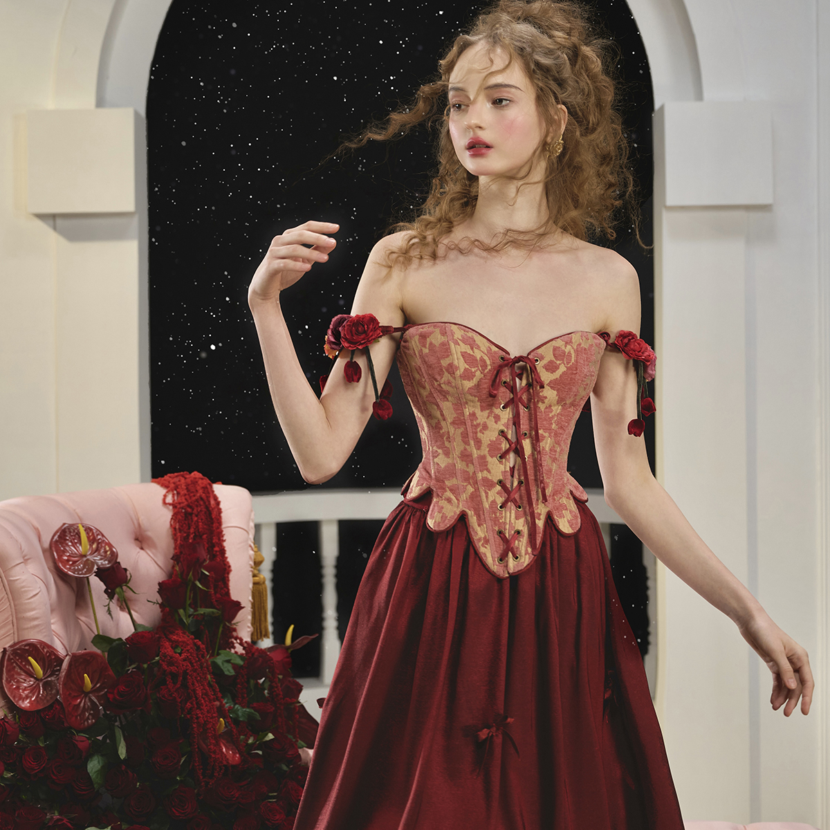 LaceMade 文艺复兴 法式复古红色鱼骨胸衣半裙敬酒服订婚新年战袍