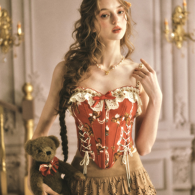 LaceMade 小熊番茄酱 法式复古甜美红色吊带上衣鱼骨胸衣掐腰显瘦