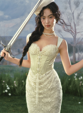 LaceMade 翡翠战士 法式重工缎面公主裙绿色生日礼服裙蕾丝连衣裙