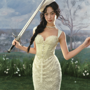 LaceMade 翡翠战士 法式重工缎面公主裙绿色生日礼服裙蕾丝连衣裙