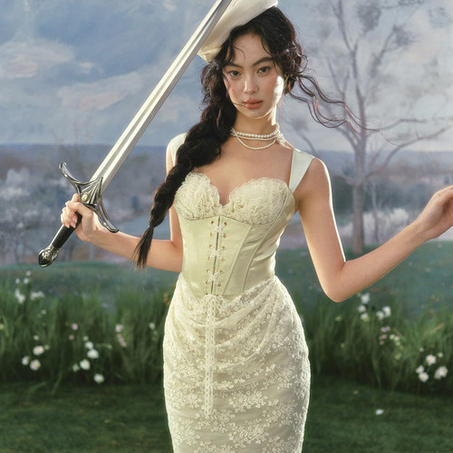 LaceMade 翡翠战士 法式重工缎面公主裙绿色生日礼服裙蕾丝连衣裙