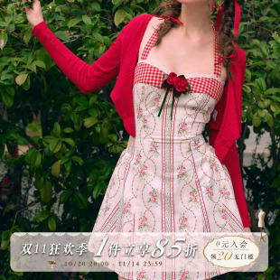 田园红色挂脖连衣裙短款 法式 小个子夏度假女 玫瑰丘比特 LaceMade