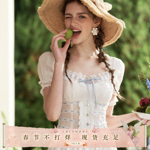 LaceMade 恋恋白皮书 法式田园通勤白色大摆鱼骨连衣裙长款小白裙