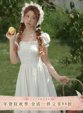 LaceMade 纯白灰姑娘 法式公主方领连衣裙千金感气质绝美小裙子夏