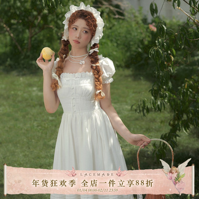 少女风蕾丝拼接荃棉纯白色连衣裙