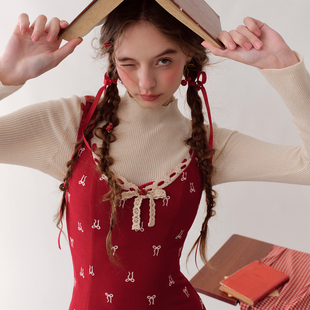 LaceMade 莓莓报社 法式少女俏皮蝴蝶结红色收腰连衣裙节日氛围感