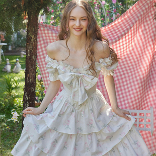 LaceMade 甜花珊瑚岛 定制面料复古田园印花蝴蝶结鱼骨连衣裙