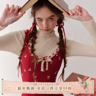 少女俏皮蝴蝶结红色收腰连衣裙节日氛围感 法式 LaceMade 莓莓报社