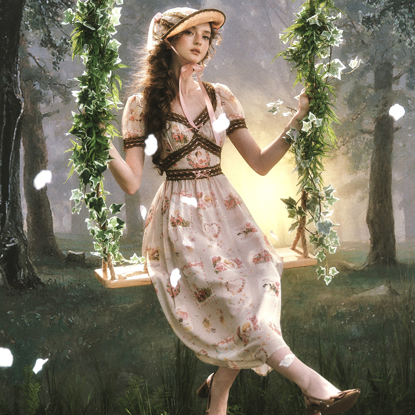 LaceMade 秋千谣 法式复古田园风浪漫少女蕾丝印花连衣裙长款春夏