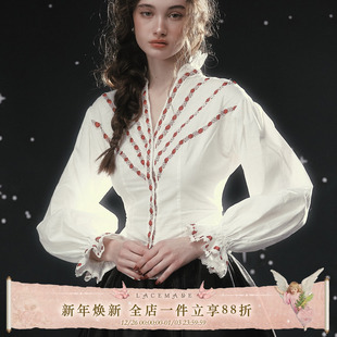 女猎者 打底上衣女白衬衫 法式 衬衫 冬 棉质小众设计感长袖 LaceMade