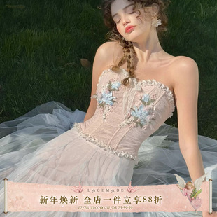 甜美浅春系粉蓝抹胸鱼骨胸衣网纱半裙套装 法式 夏 蓝百合 LaceMade