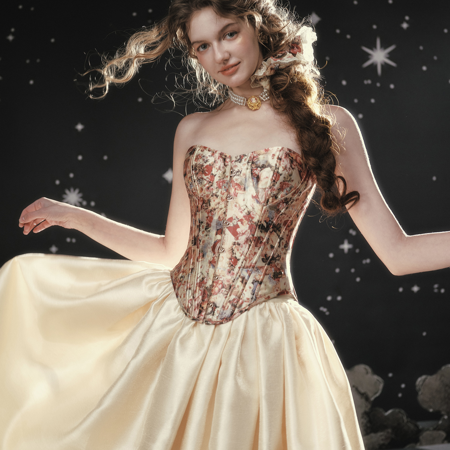 LaceMade 堕落爱神 法式复古千金风缎面鱼骨胸衣大摆蓬蓬裙套装女