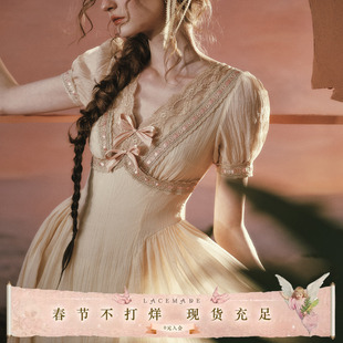 LaceMade 落日玫瑰 法式复古维多利亚风设计感v领纯色收腰连衣裙