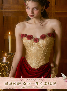 LaceMade 西班牙野蔷薇 法式复古浪漫鱼骨抹胸红色连衣裙敬酒服女