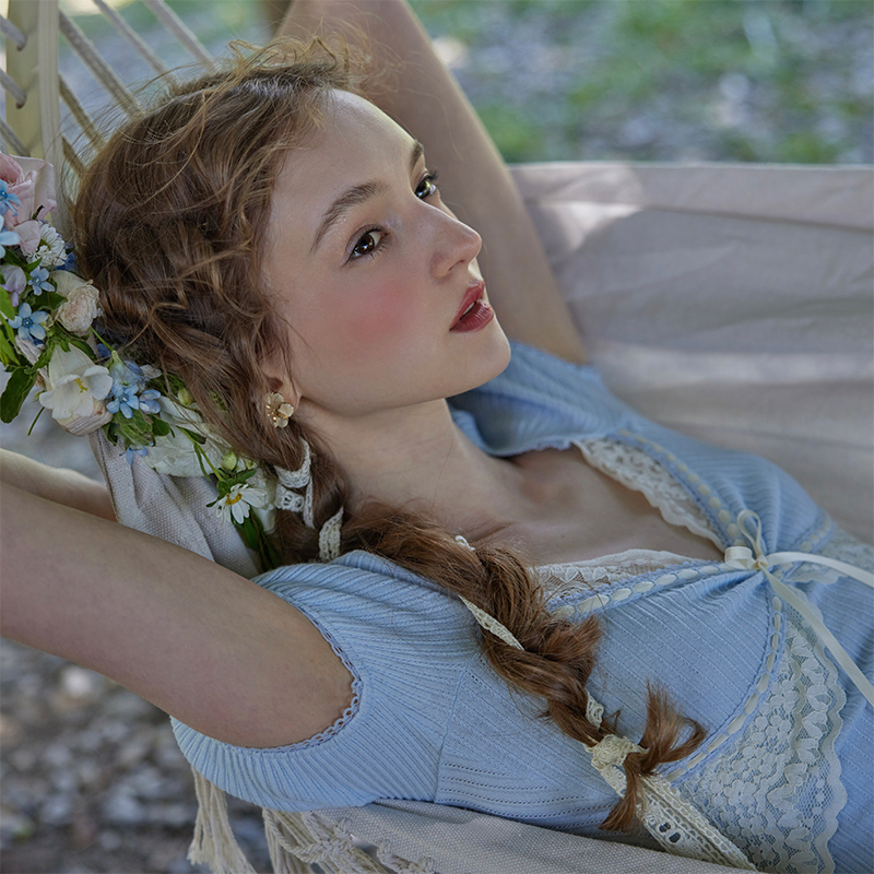 LaceMade 风铃听梦 法式田园风少女感软糯百搭蓝色针织连衣裙