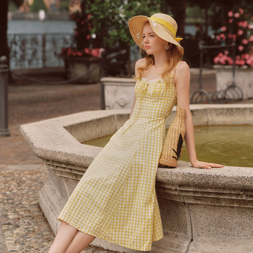LaceMade 小柠檬 法式田园风设计感黄色格子吊带裙通勤连衣裙长款