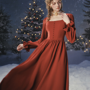 LaceMade 浓情波尔多 法式复古通勤长款红色长袖连衣裙敬酒服冬季