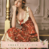 LaceMade 田园新年红色小熊鱼骨裙方领连衣裙长款 小熊番茄酱 法式