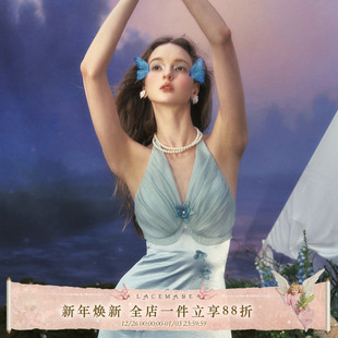 度假风重工挂脖蓝色花朵连衣裙缎面仙女裙夏 法式 LaceMade 蝶明珠