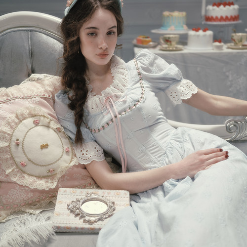 LaceMade 爱丽舍公主 法式田园风棉质甜美收腰显瘦鱼骨蓝色连衣裙