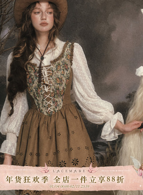 LaceMade 古典伽利略 法式西部牛仔风复古乡村印花麂皮镂空连衣裙