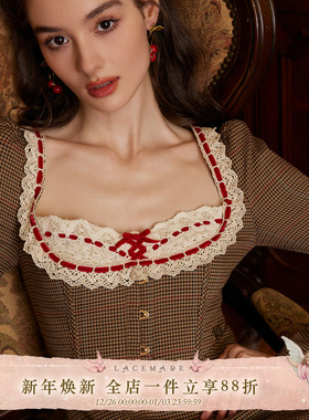 LaceMade 英爵公馆 法式复古设计感千鸟格秋冬打底鱼骨长袖连衣裙