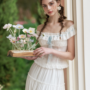 一字肩上衣长款 LaceMade 清新通勤套装 法式 半裙棉质夏女 恋恋之夏