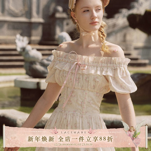 LaceMade 花语集 法式田园风蛋糕摆鱼骨长裙掐腰显瘦棉质连衣裙女